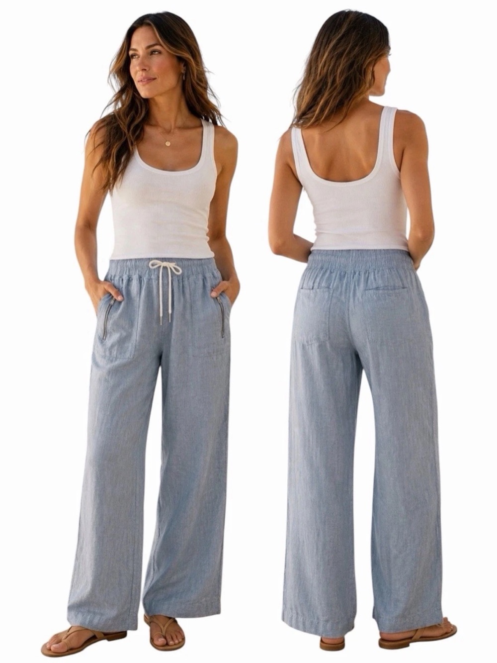 Athleta Women's Cabo Linen Wide Leg Pant | Blue Chambray | Size 0